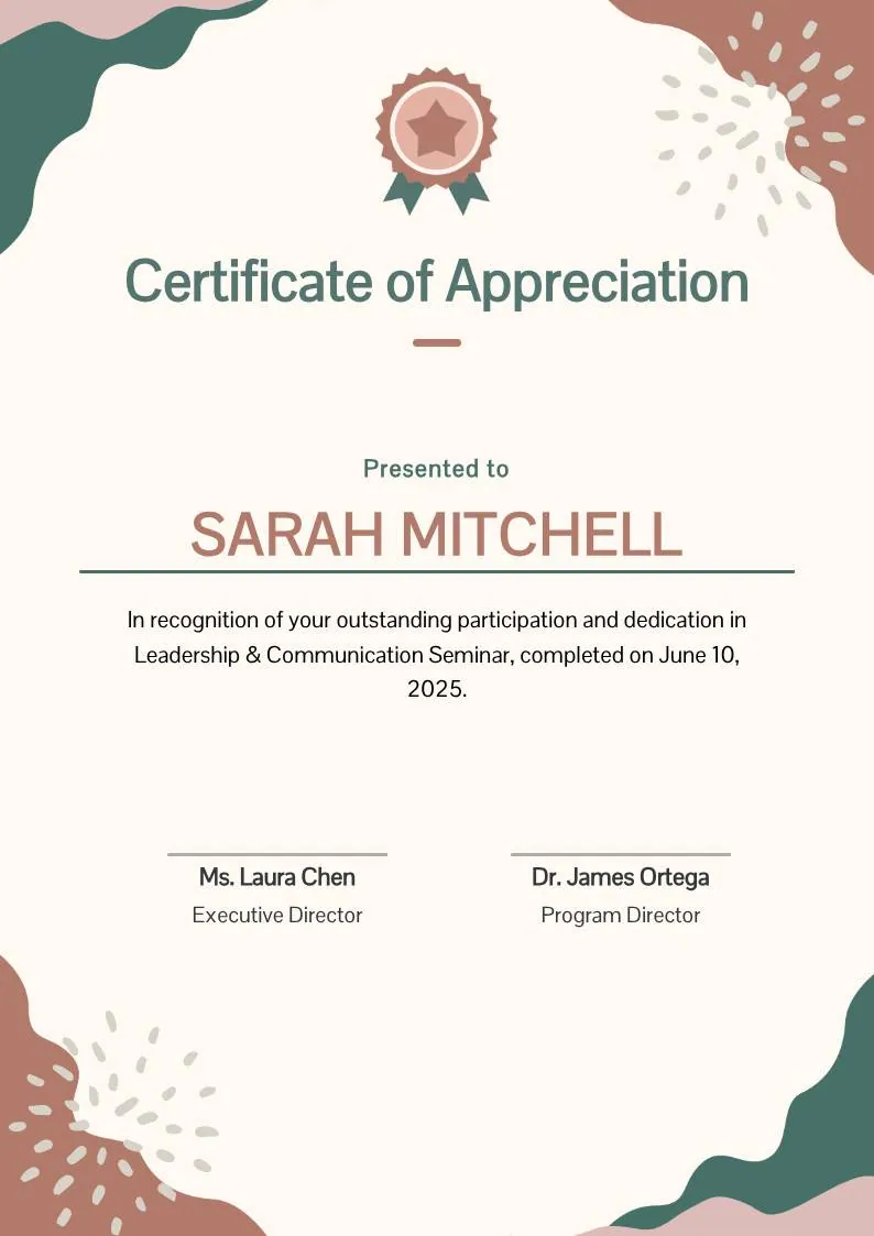 Beige Blob Appreciation Seminar Certificate, portrait