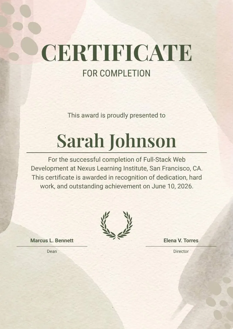 Beige Organic Completion Certificate, portrait