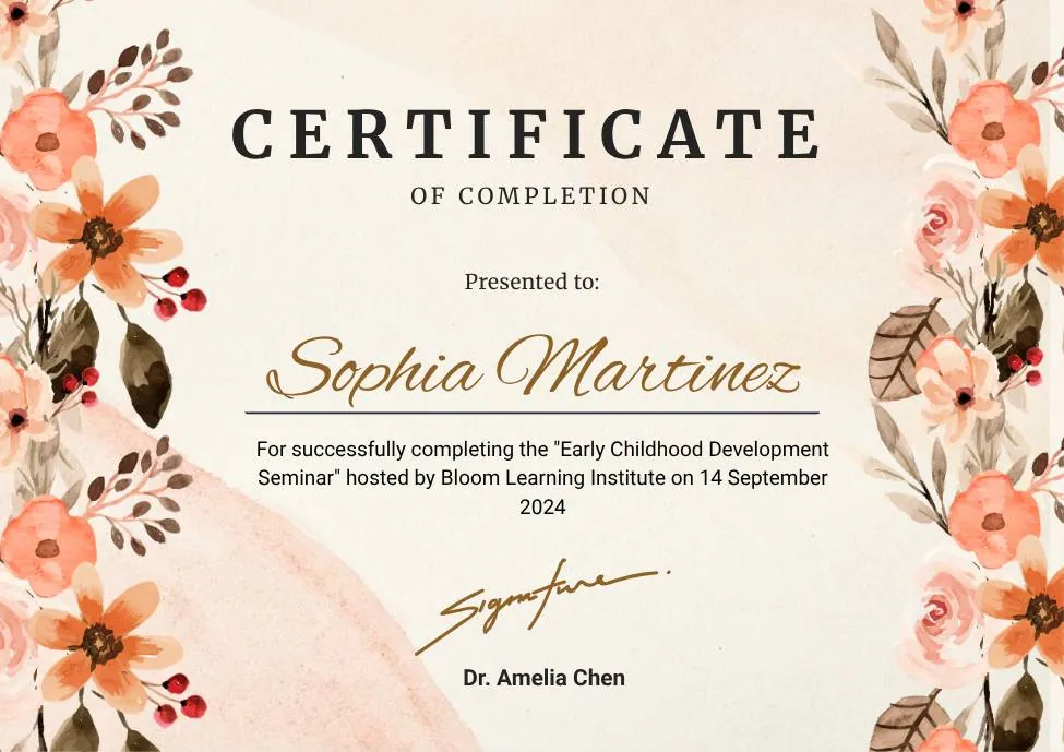 Beige Watercolor Floral Certificate of Completion thumbnail