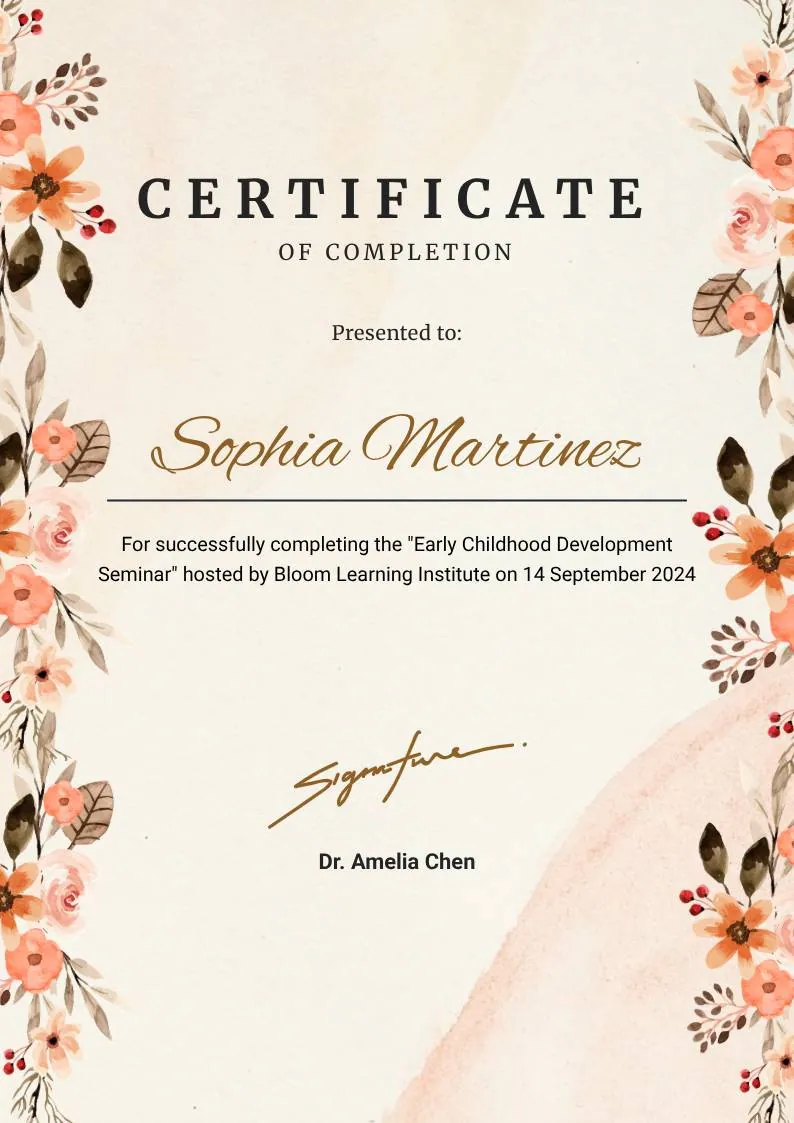 Beige Watercolor Floral Certificate of Completion, portrait