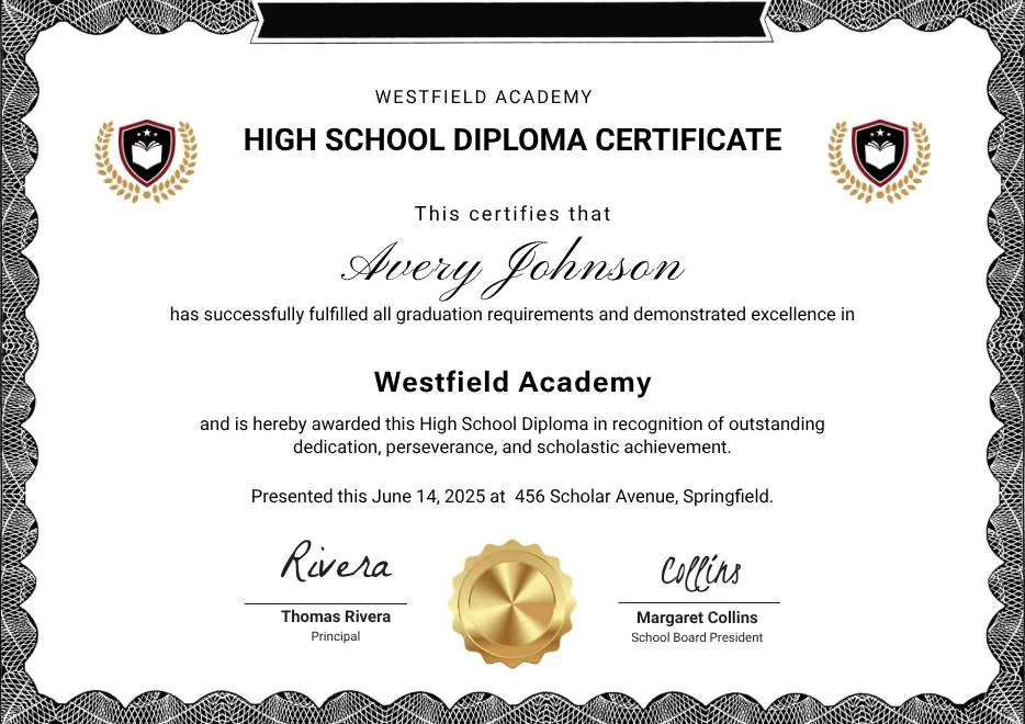 Black and White Modern High School Diploma Certificate thumbnail