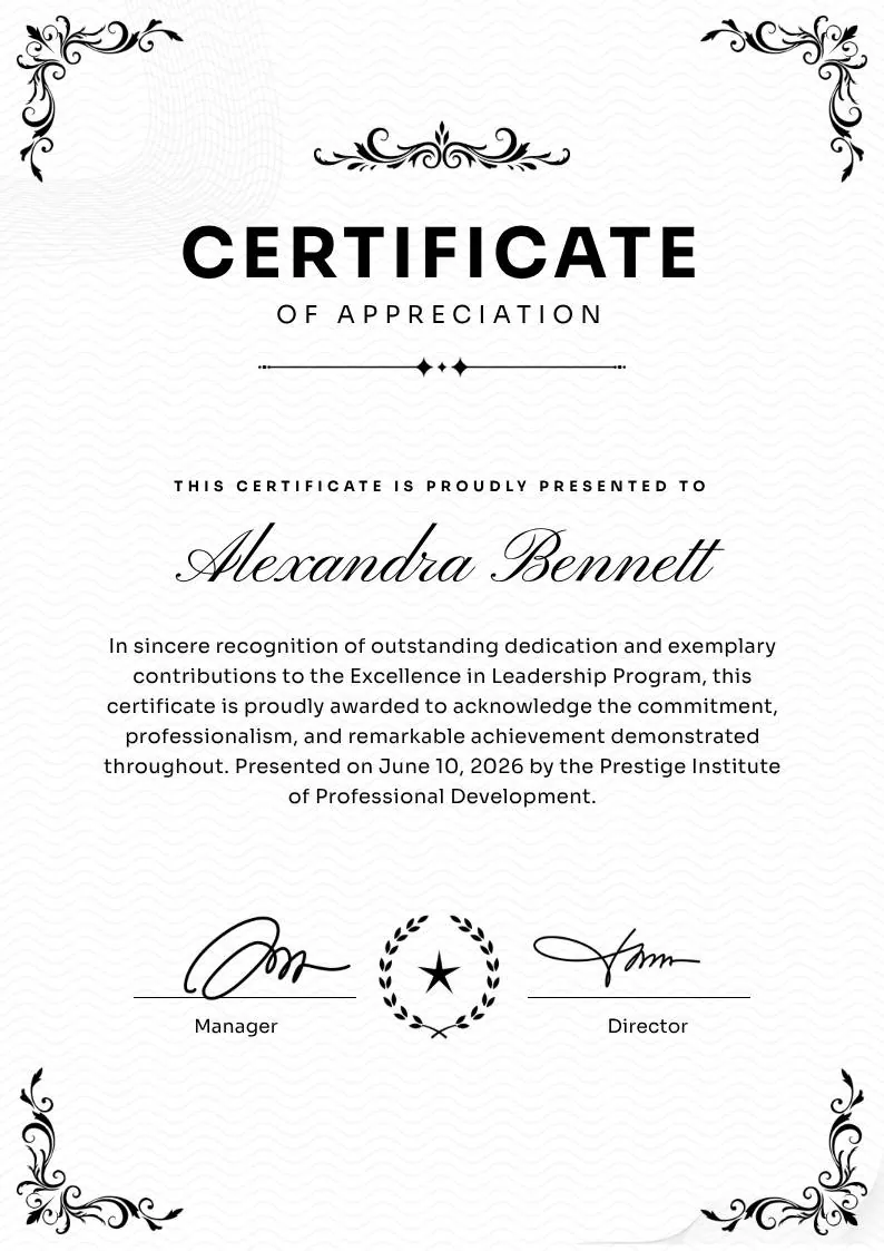 Black and White Traditional Appreciation Certificate A4, portrait