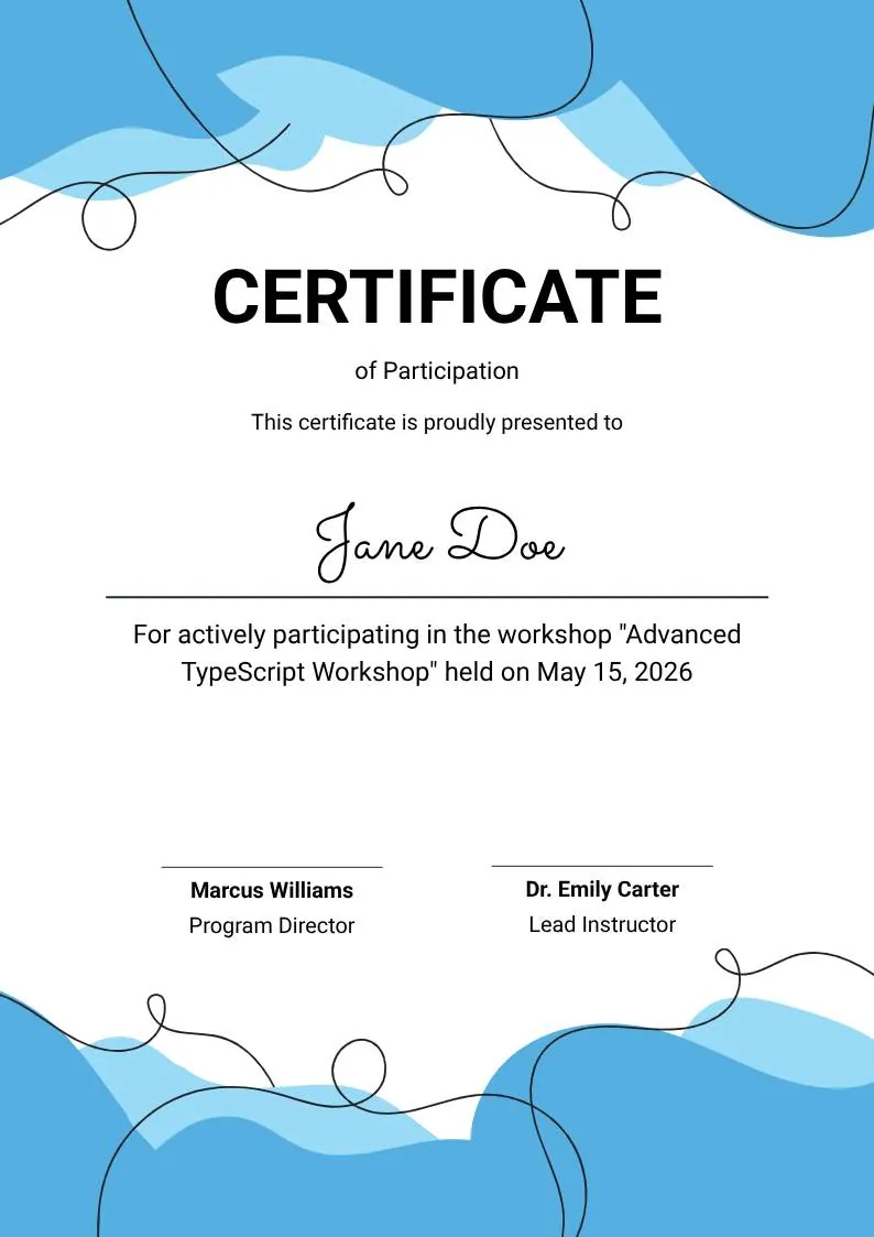 Blue Abstract Waves Participation Certificate, portrait
