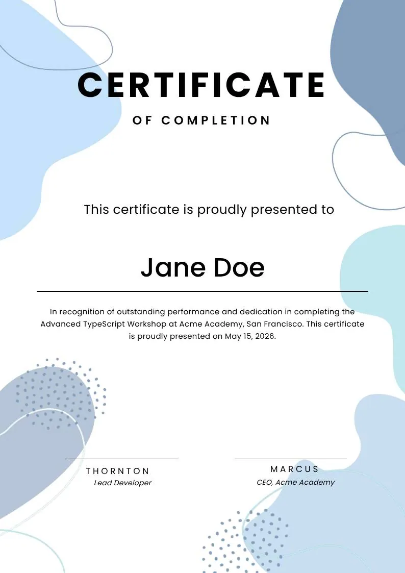 Blue Modern Certificate of Completion, portrait