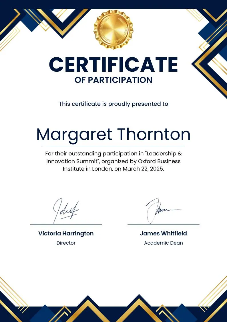 Blue White Gold Modern Participation Certificate, portrait