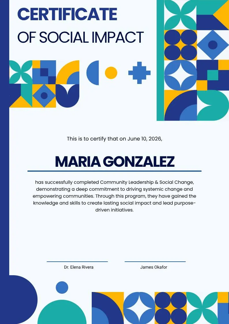 Blue and Yellow Geometric Certificate of Social Impact, portrait