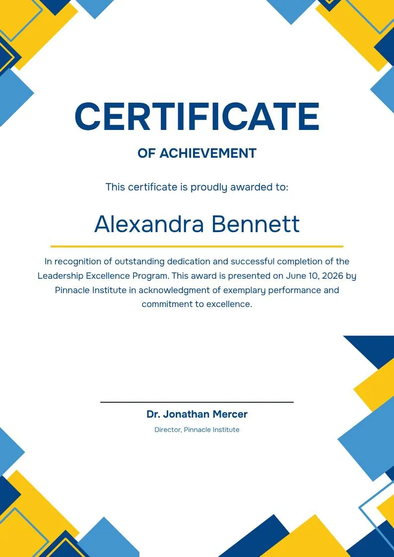 Blue Yellow Modern Geometric Certificate of Achievement, portrait