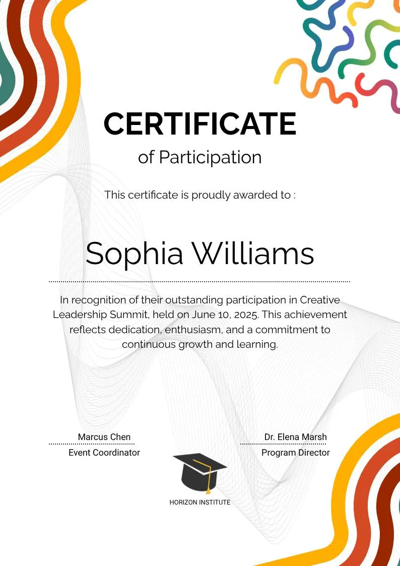 Colorful Abstract Waves Modern Participation Certificate, portrait