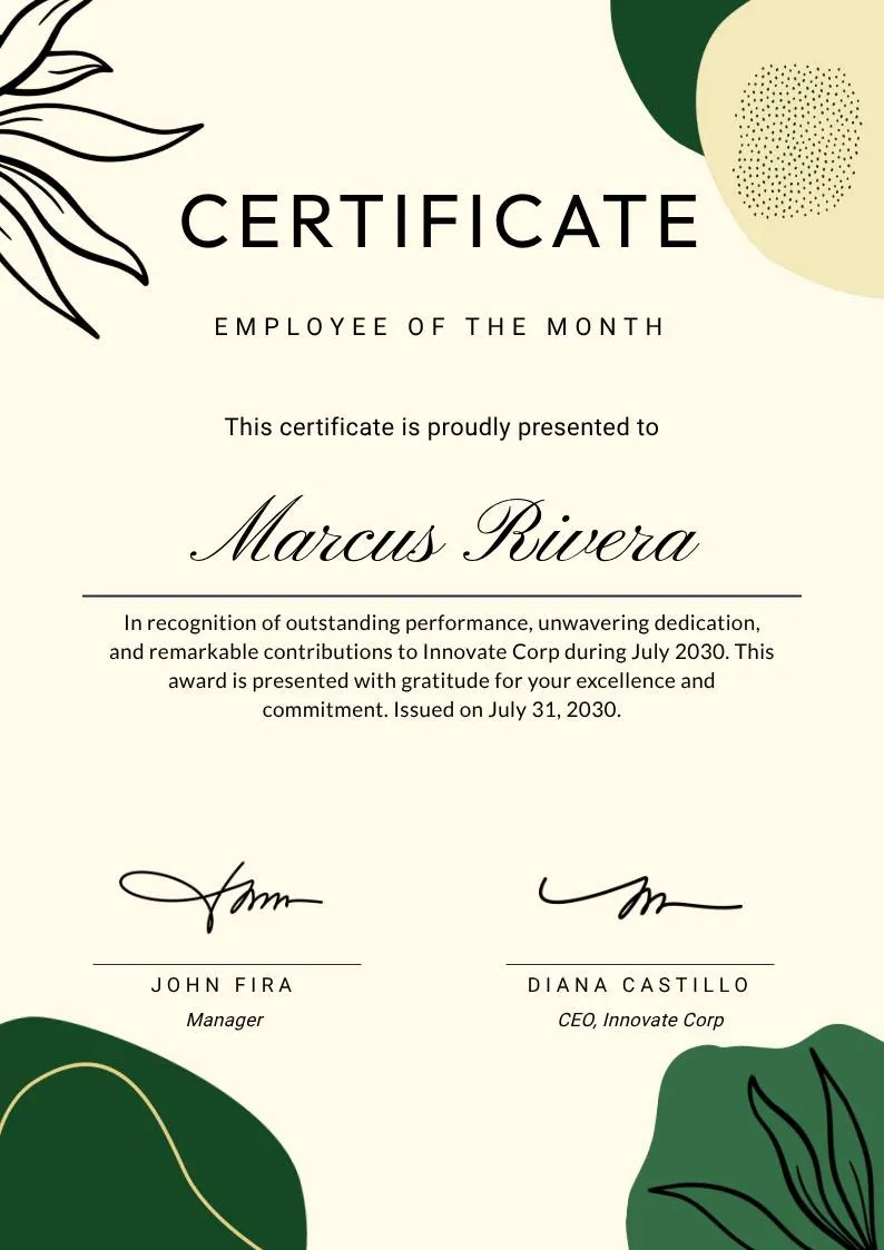 Green and Beige Botanical Employee of the Month Certificate, portrait