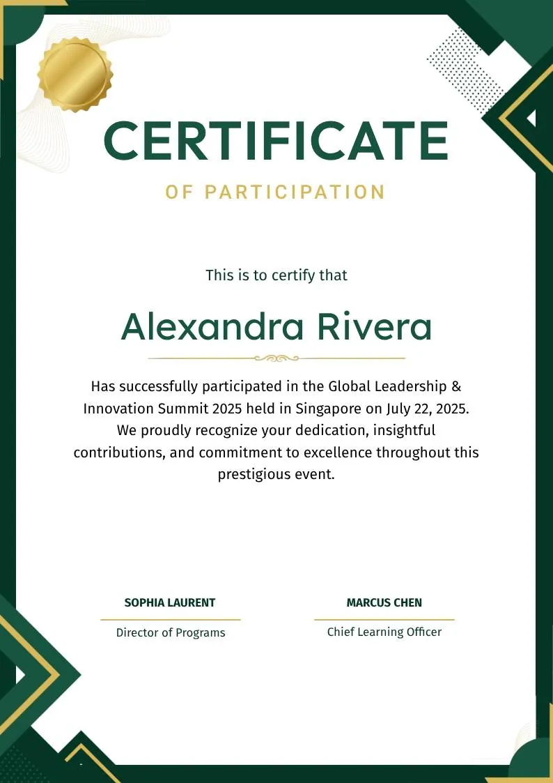 Green and Gold Geometric Modern Certificate of Participation, portrait