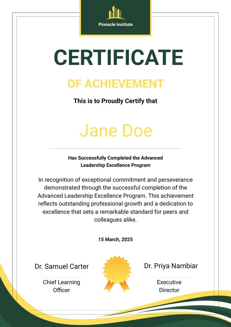 Green and Gold Modern Leadership Achievement Certificate, portrait