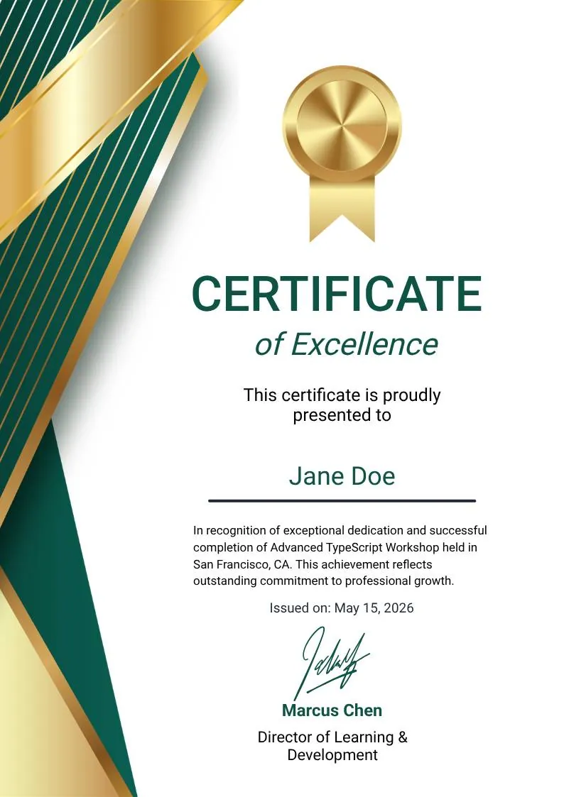 Green Gold and White Modern Excellence Certificate, portrait