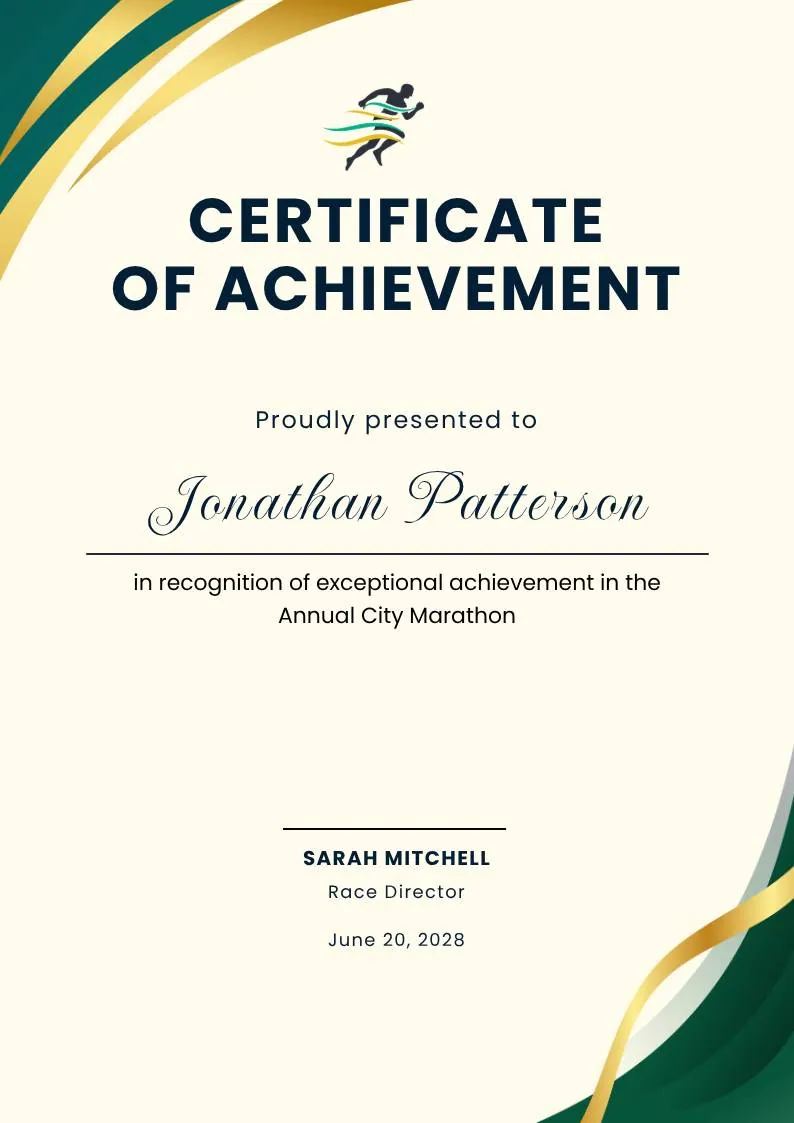 Green and Gold Modern Elegant Sport Achievement Certificate, portrait