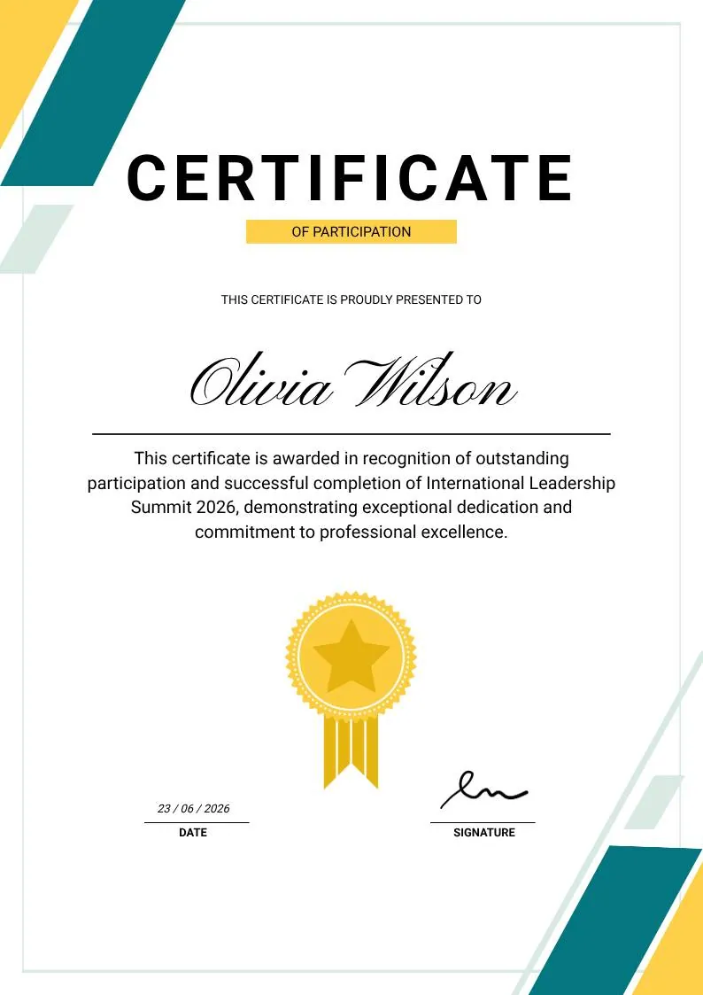 Green & Yellow Minimalist Certificate of Participation, portrait