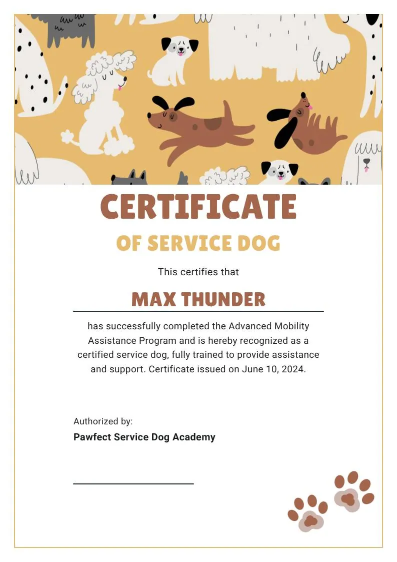 Tan White and Black Illustrated Service Dog Certificate, portrait
