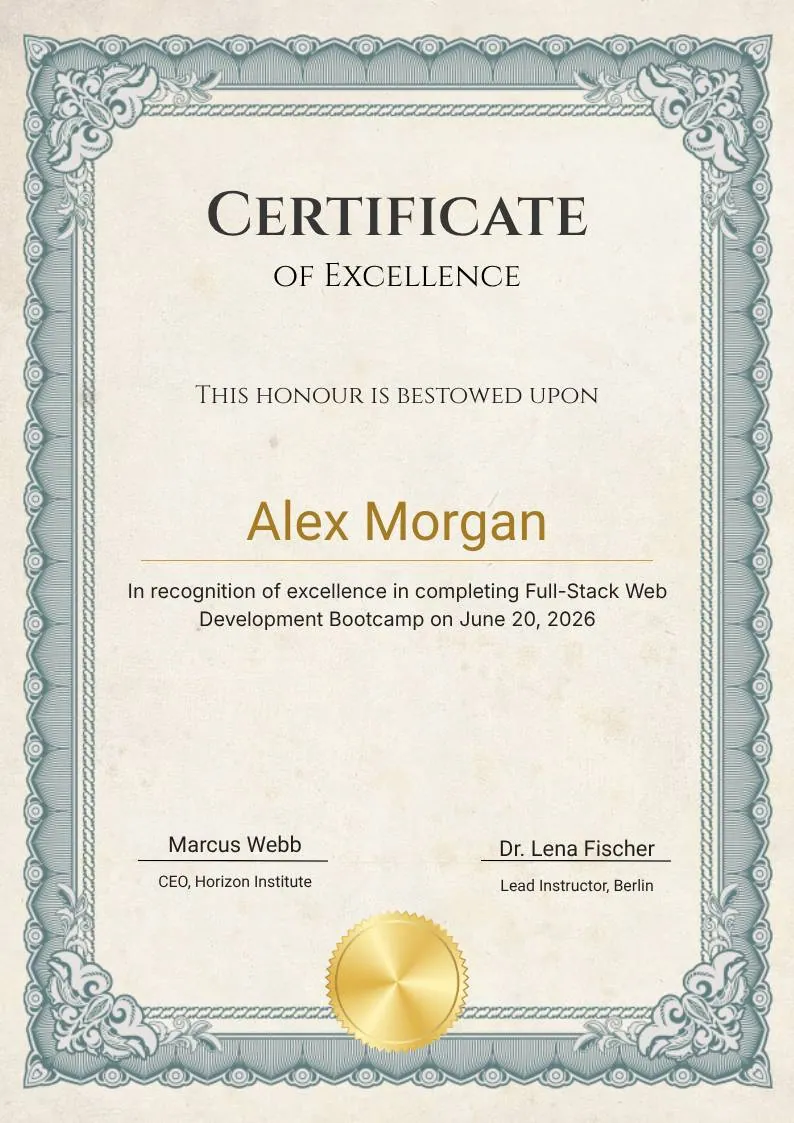 Ivory Victorian Vintage Certificate of Excellence, portrait