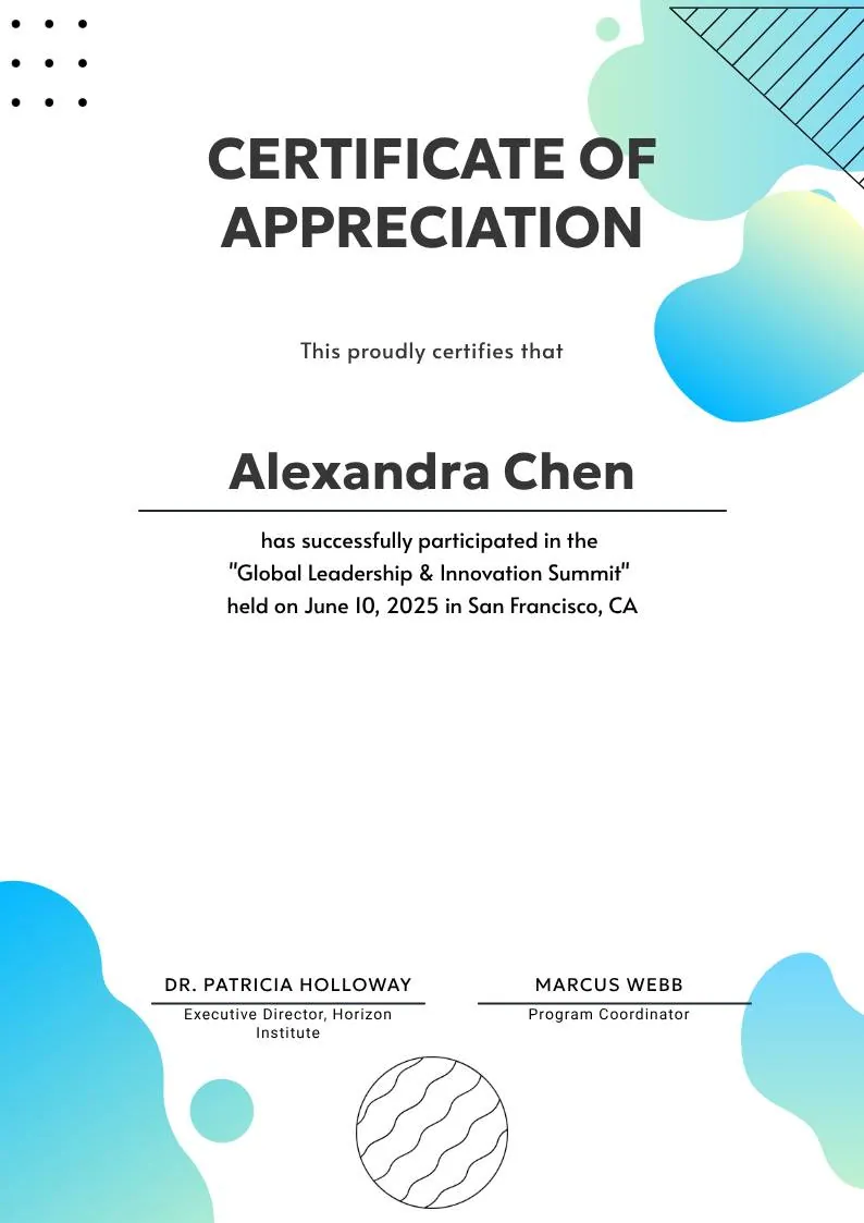 Certificate of Appreciation — Summit & Event Participation, portrait