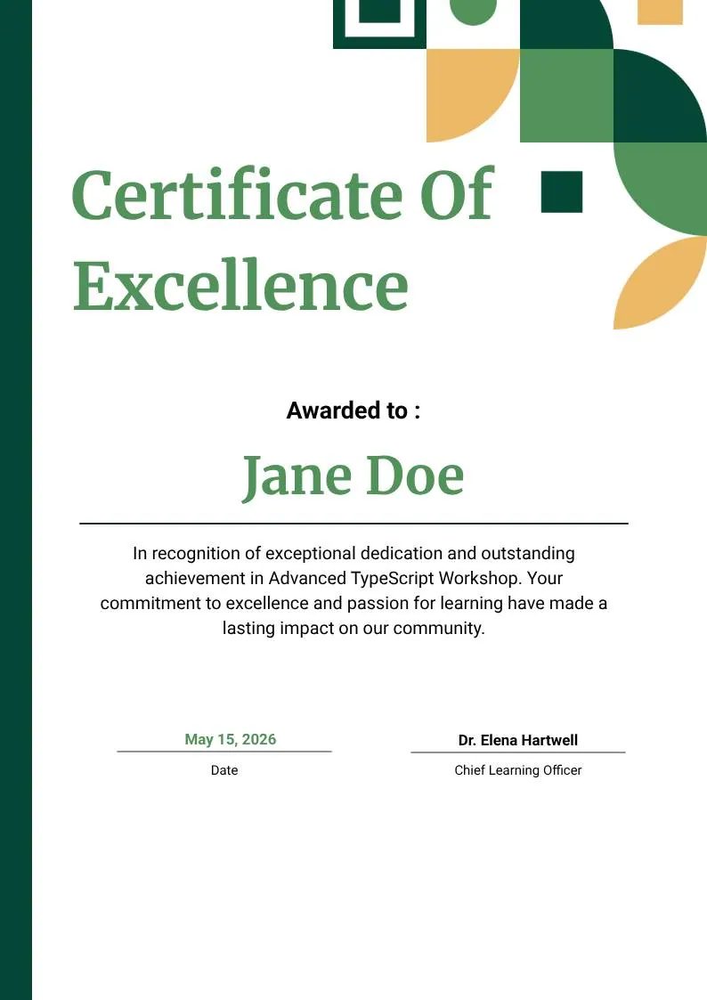 Modern White and Green Certificate of Excellence, portrait