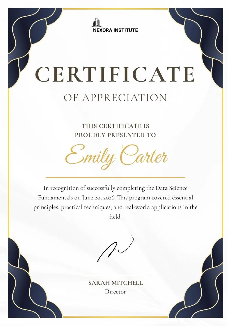 Navy and Gold Modern Appreciation Certificate, portrait