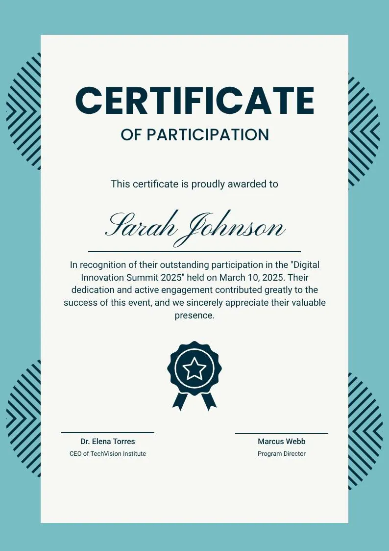 Teal Geometric Participation Certificate, portrait