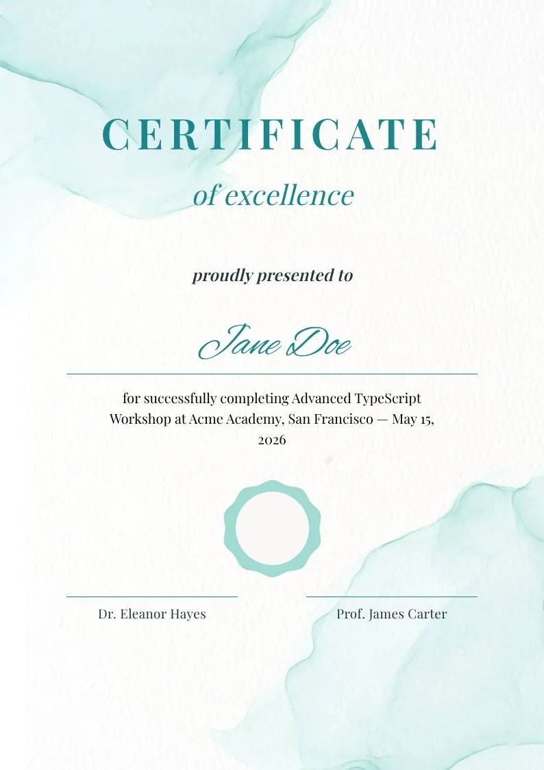 Teal Watercolor Elegant Certificate of Excellence, portrait