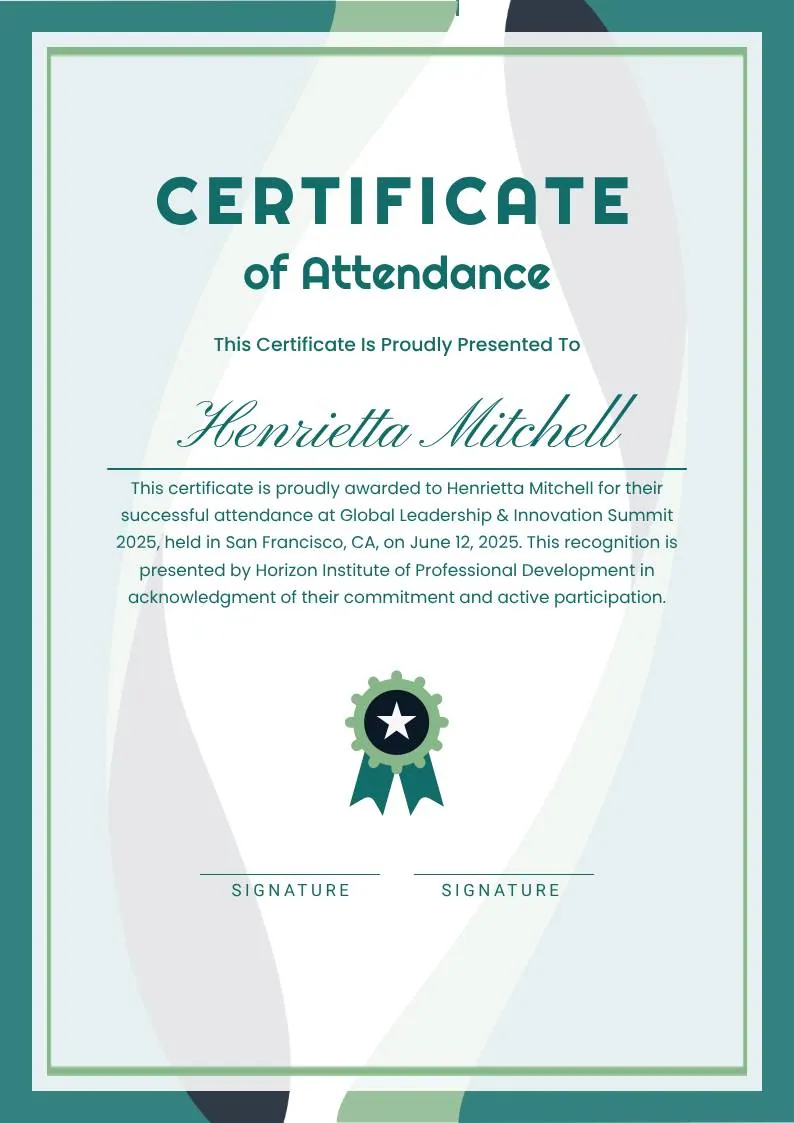 White and Green Minimalist Certificate of Attendance, portrait