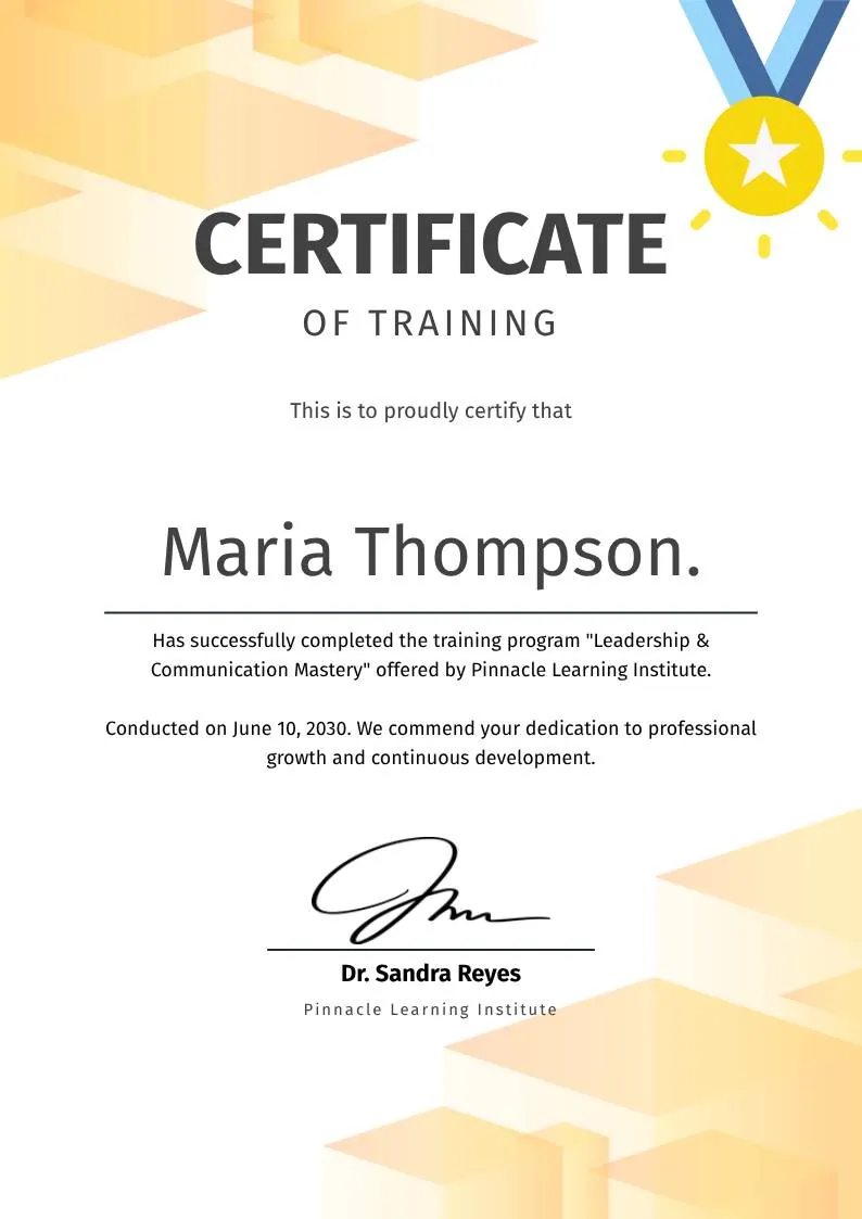 White and Yellow Modern Leadership Training Certificate, portrait